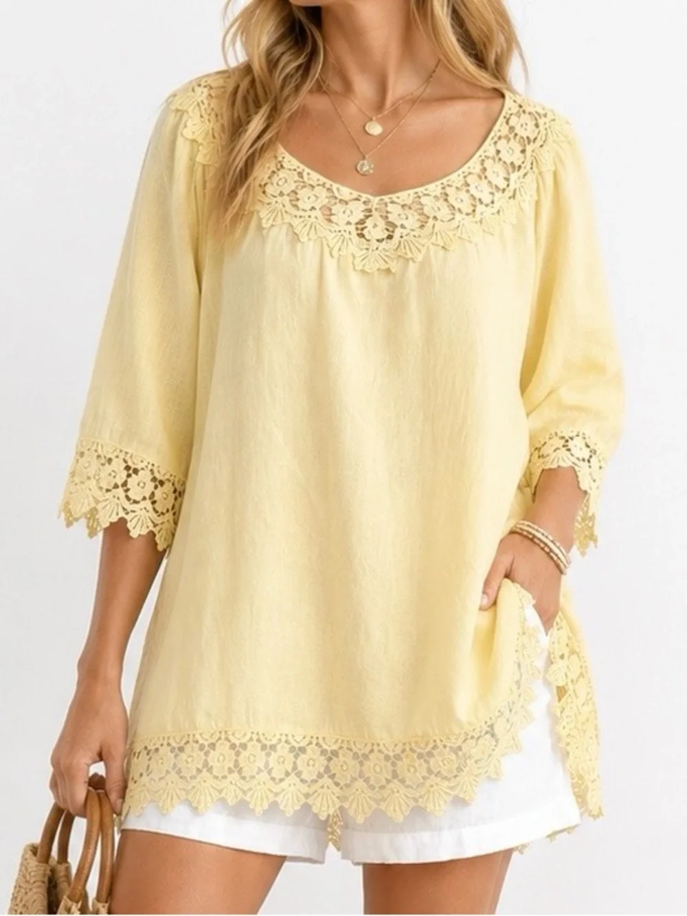 Piazza Roma Yellow Linen Lace Trim Boho Cottagecore Blouse Size L